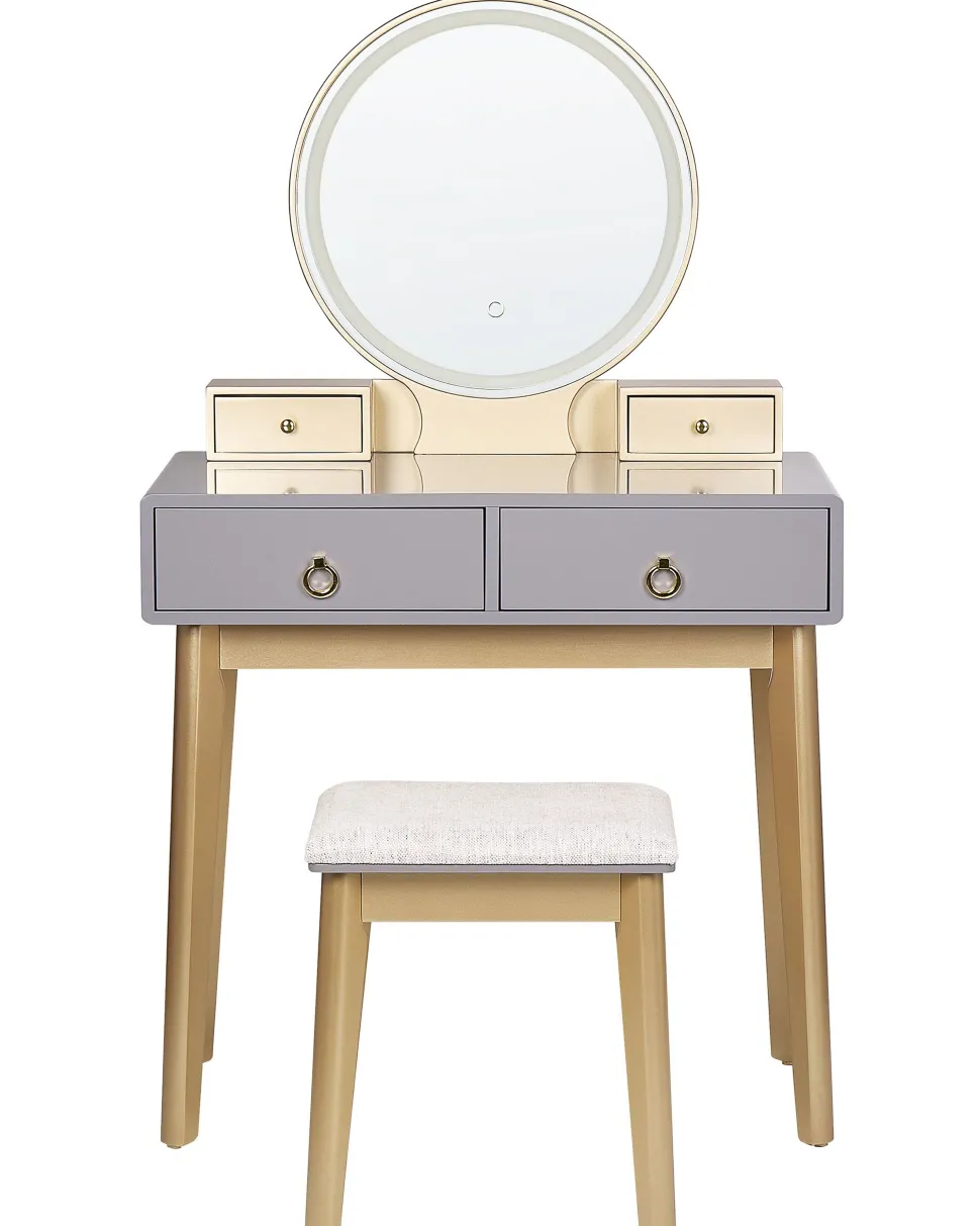 Toucador Com 4 Gavetas E Banco Cinzento E Dourado Fedry