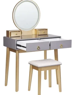 Toucador Com 4 Gavetas E Banco Cinzento E Dourado Fedry