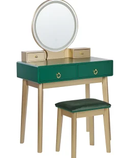 Toucador Com 4 Gavetas E Banco Verde Esmeralda E Dourado Fedry