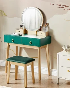 Toucador Com 4 Gavetas E Banco Verde Esmeralda E Dourado Fedry