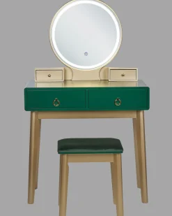 Toucador Com 4 Gavetas E Banco Verde Esmeralda E Dourado Fedry