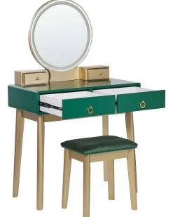 Toucador Com 4 Gavetas E Banco Verde Esmeralda E Dourado Fedry