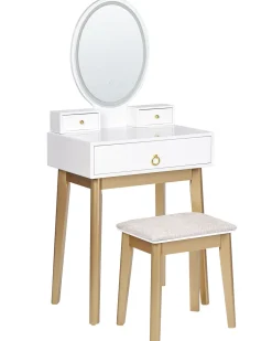 Toucador Com 3 Gavetas E Banco Branco E Dourado Rosey