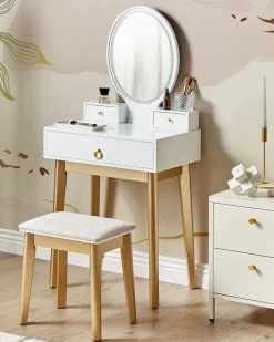 Toucador Com 3 Gavetas E Banco Branco E Dourado Rosey