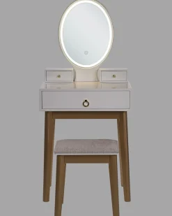 Toucador Com 3 Gavetas E Banco Branco E Dourado Rosey