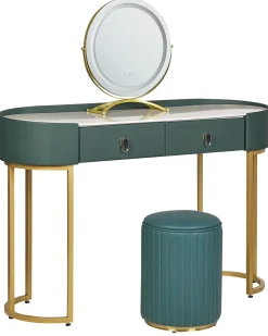 Toucador Com 2 Gavetas E Pufe Verde Escuro E Dourado Vinax