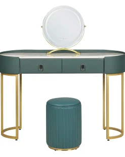 Toucador Com 2 Gavetas E Pufe Verde Escuro E Dourado Vinax