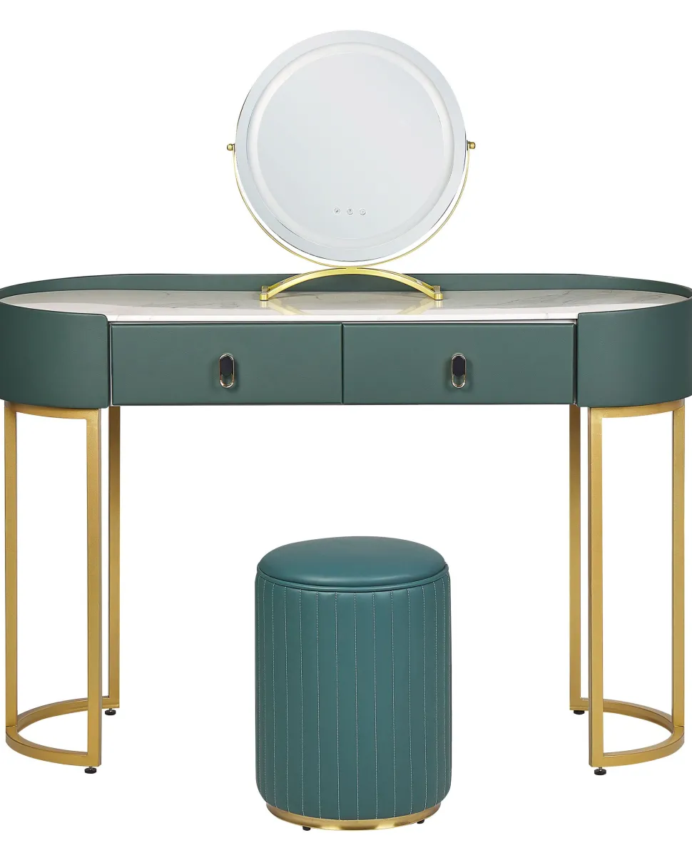 Toucador Com 2 Gavetas E Pufe Verde Escuro E Dourado Vinax