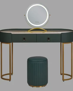 Toucador Com 2 Gavetas E Pufe Verde Escuro E Dourado Vinax