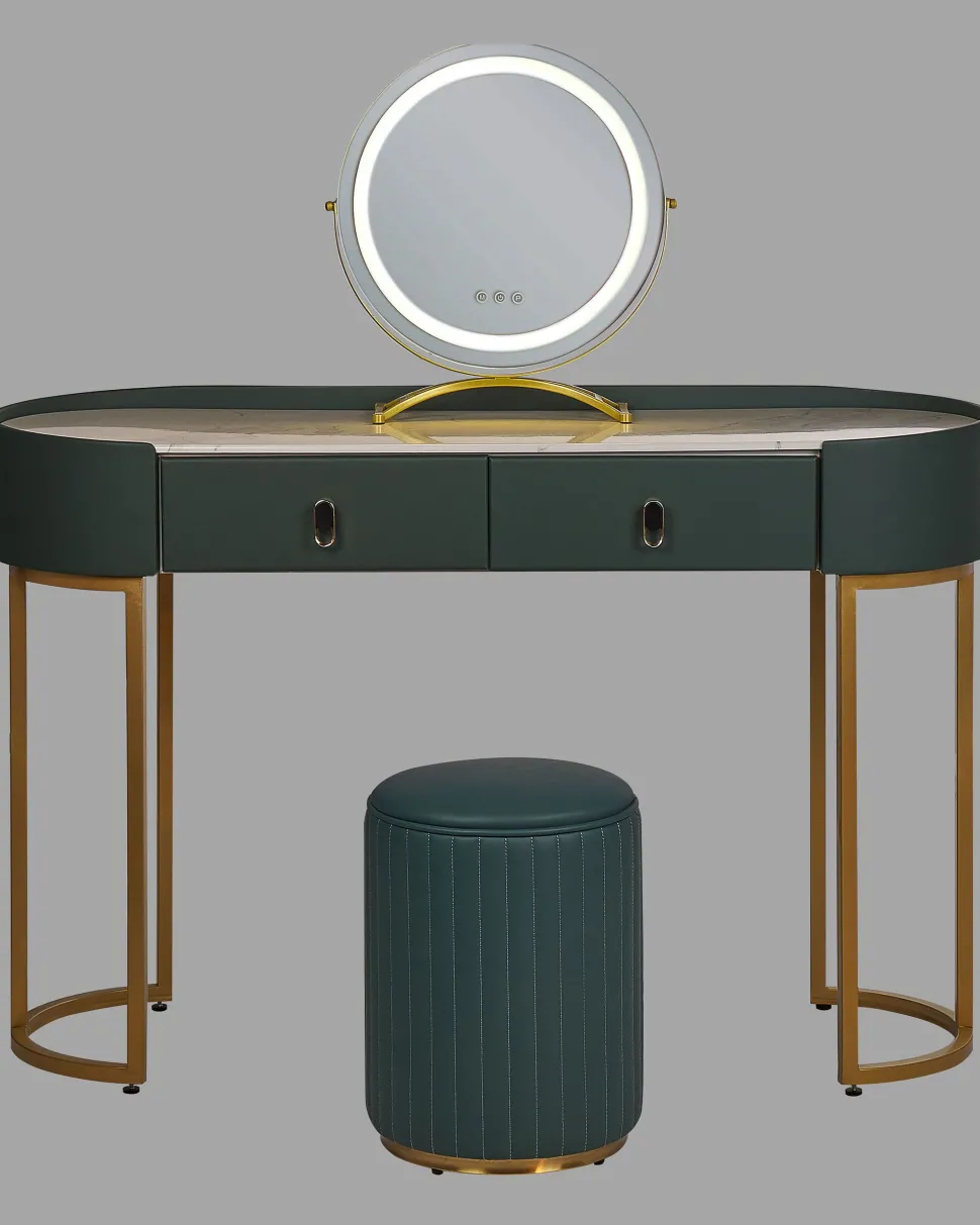 Toucador Com 2 Gavetas E Pufe Verde Escuro E Dourado Vinax