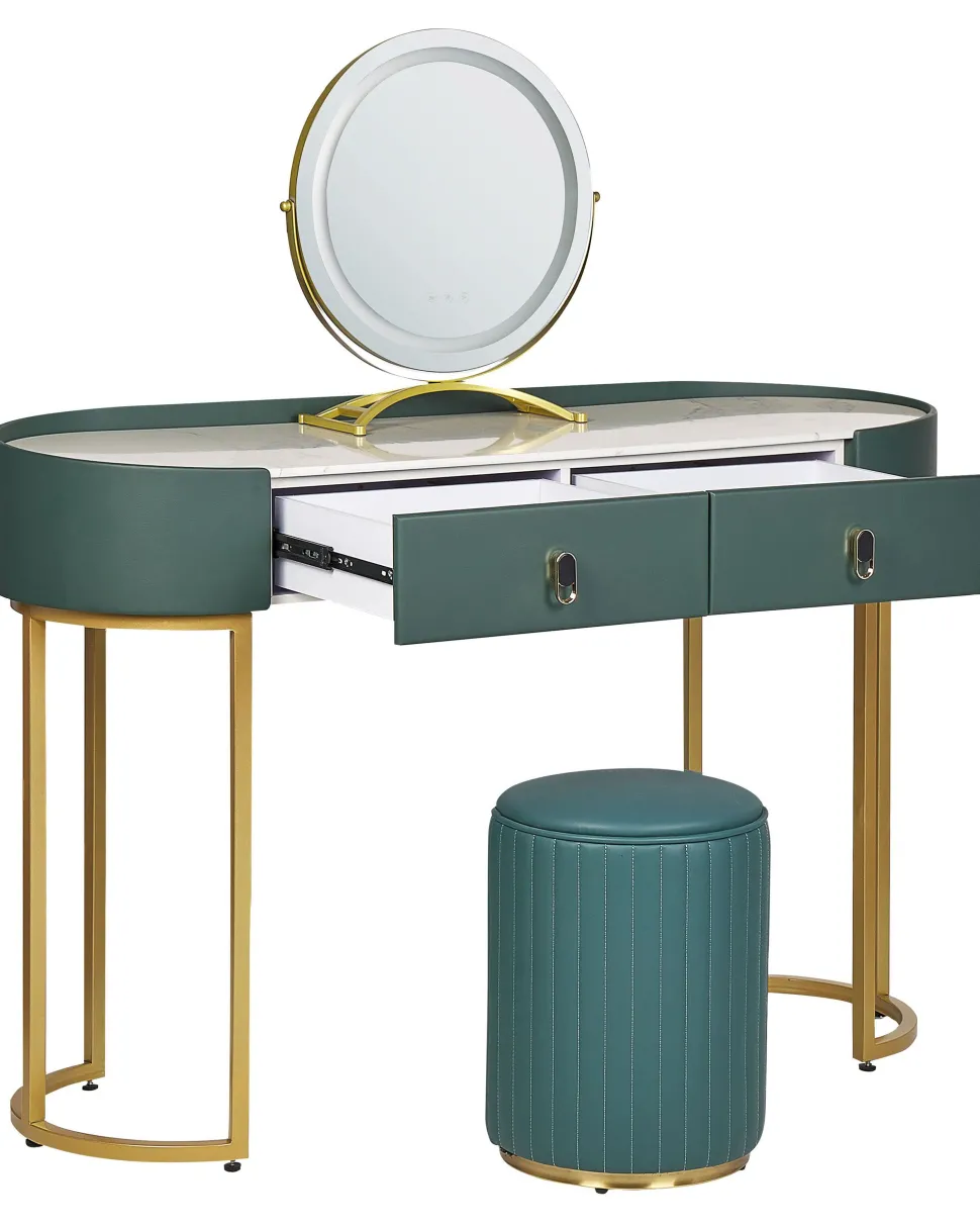 Toucador Com 2 Gavetas E Pufe Verde Escuro E Dourado Vinax