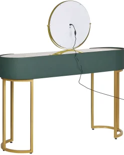 Toucador Com 2 Gavetas E Pufe Verde Escuro E Dourado Vinax